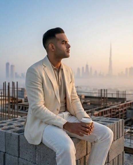 Dr. Michel Moore at dawn on a Dubai project site, Dubai skyline behind — Founder of M2 / Bygnicon Building Contracting L.L.C.
