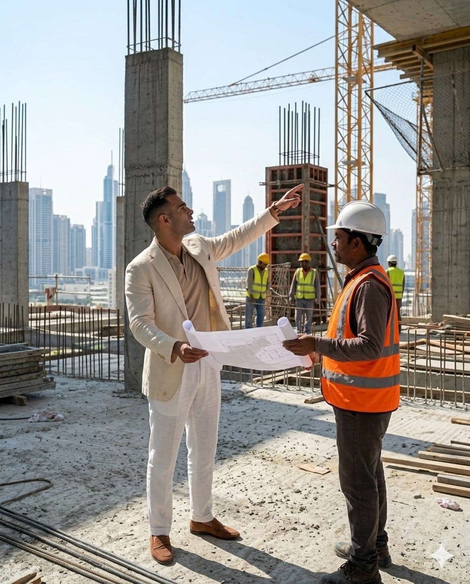 Dr. Michel Moore directing construction work on an active Dubai project site, DIFC skyline behind — M2 / Bygnicon Building Contracting principal-led delivery
