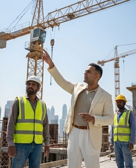 Dr. Michel Moore on a Dubai construction site directing crane operations — M2 / Bygnicon Building Contracting authority and site coordination